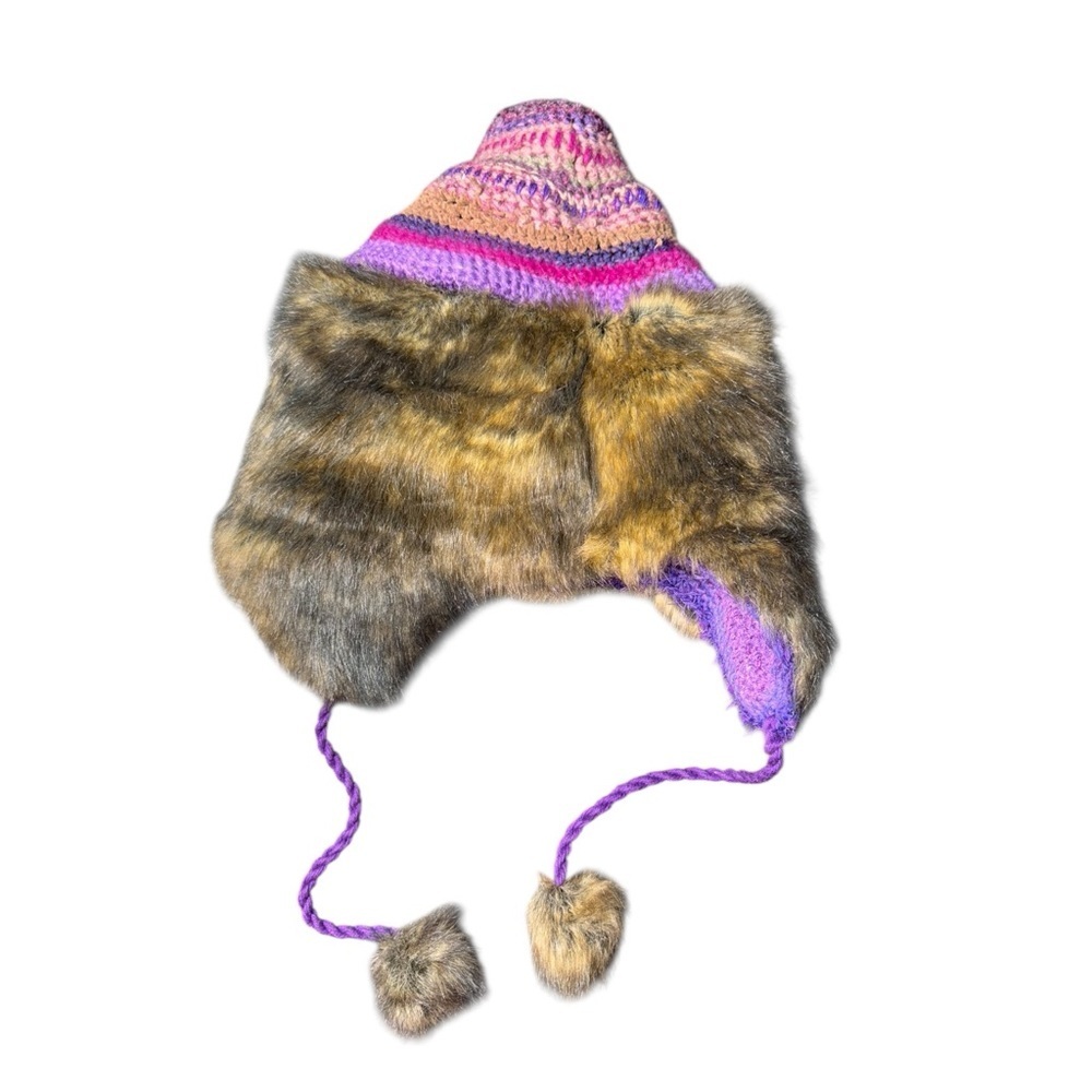 Funky Crochet Chunky Knit Pointed TRAPPER Hat Faux FUR lined Adult - Picture 9 of 11